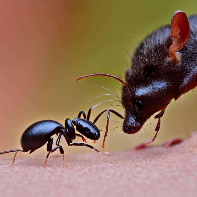 Carpenter Ant and Mouse Encounter on Warm-Colored Surface