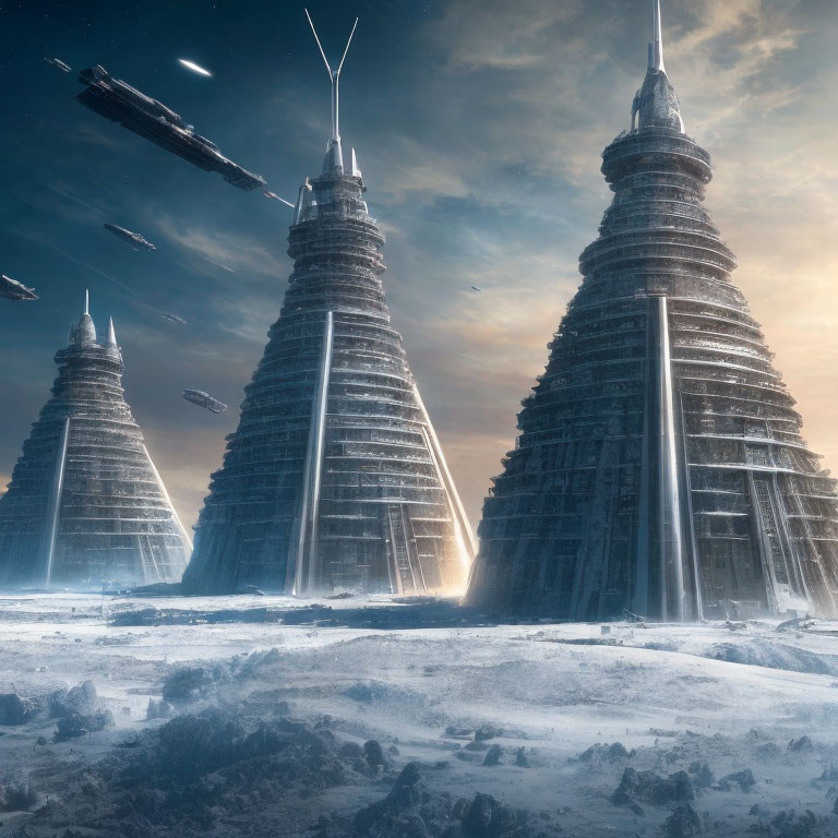 Futuristic towers in snowy landscape with flying vehicles.