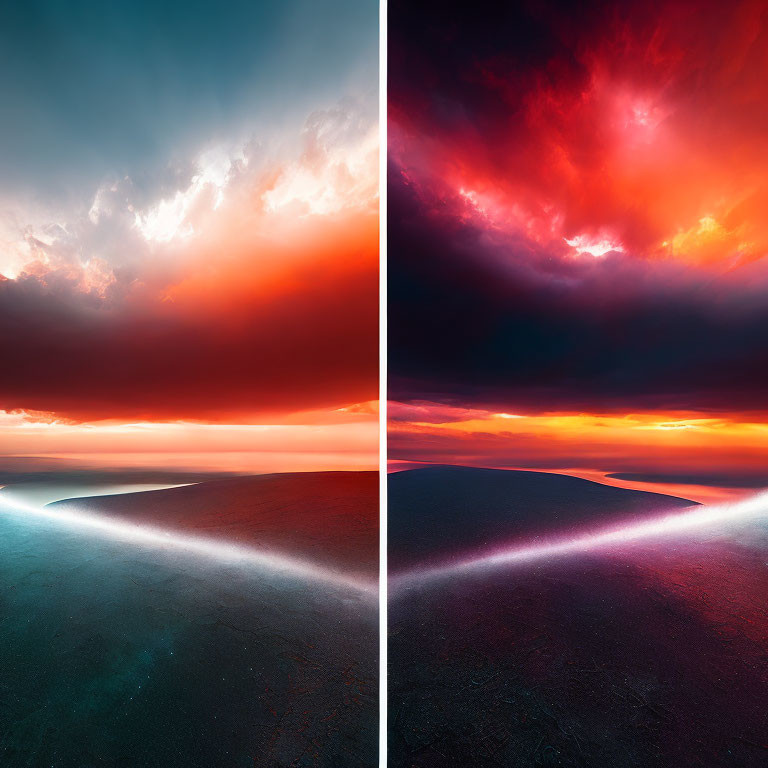 Split-view comparison of vibrant sunset landscapes with dramatic cloud formations in contrasting color tones.