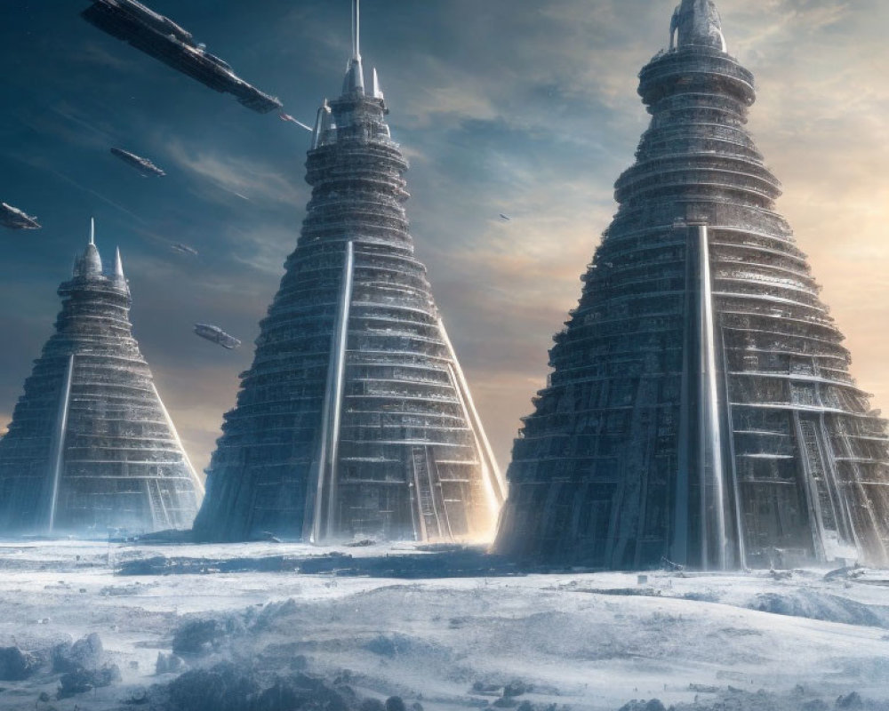 Futuristic towers in snowy landscape with flying vehicles.