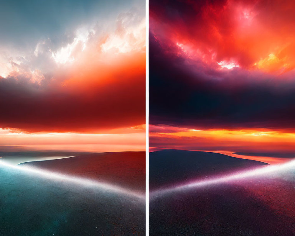 Split-view comparison of vibrant sunset landscapes with dramatic cloud formations in contrasting color tones.