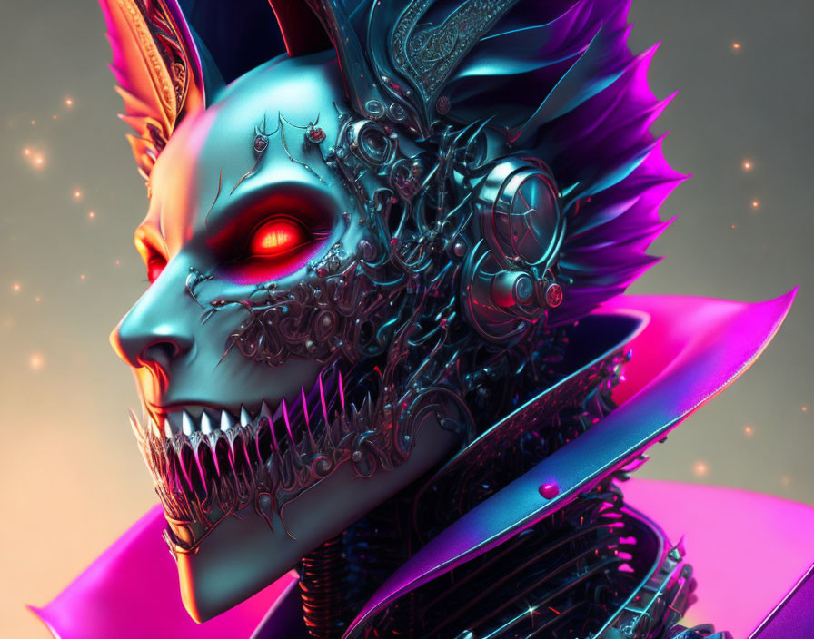 Detailed 3D illustration of futuristic being with metallic skull, intricate designs, glowing red eye, and