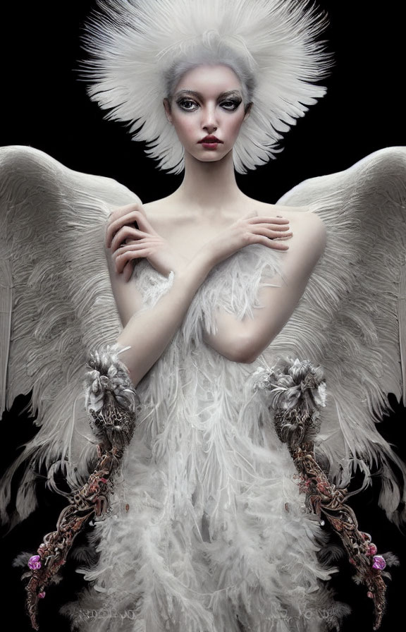 Fantasy-themed image of person with white plumage, wings, and dark eyes