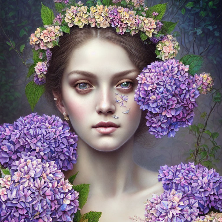 Portrait of woman with flower crown and butterfly in serene setting