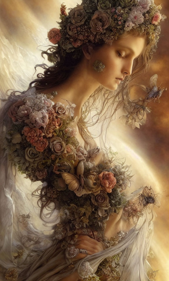 Woman portrait with floral wreath and butterflies, emitting serene aura