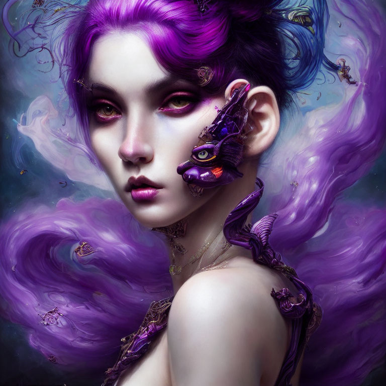 Fantasy portrait featuring person with violet hair, red eyes, butterfly motifs, ethereal purple wisps