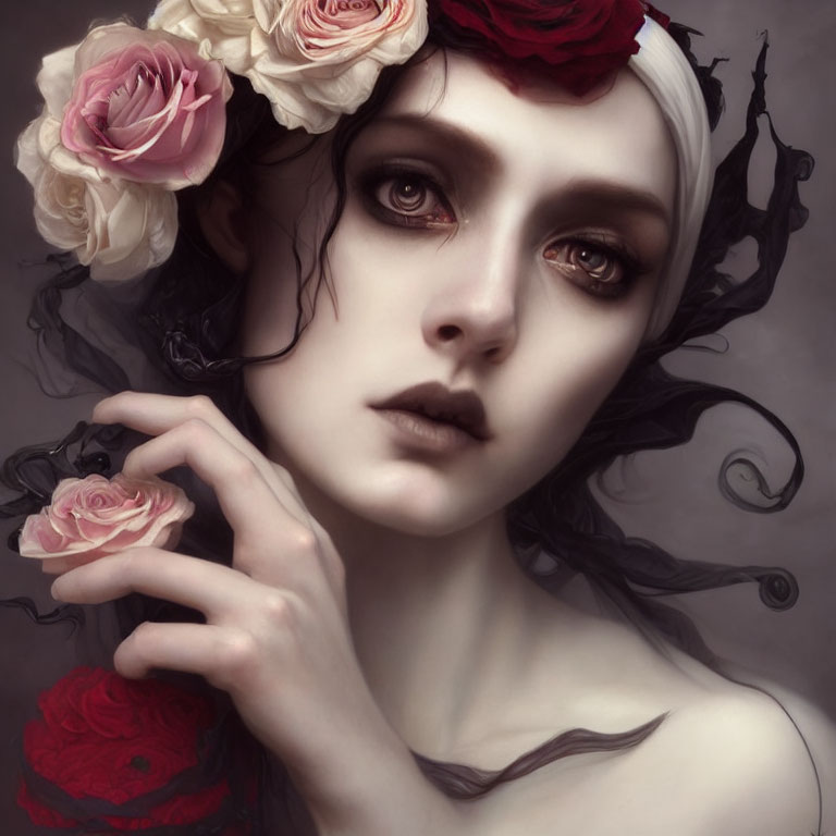 Gothic-style portrait of person with pale skin, dark hair, roses, and expressive eyes