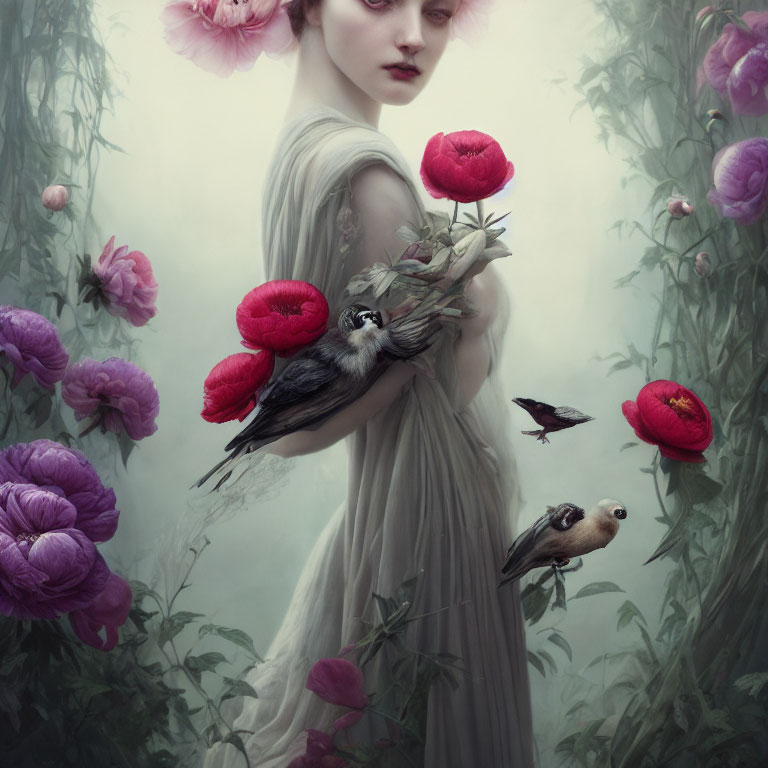 Woman in misty garden with large peonies and birds creating serene atmosphere