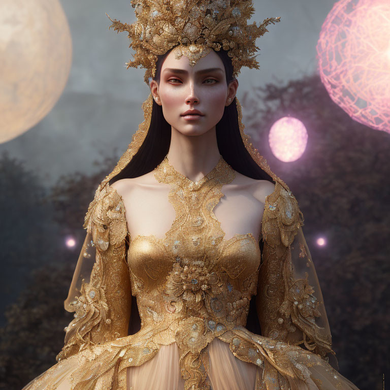 Regal woman with gold crown and ornate gown in mystical setting