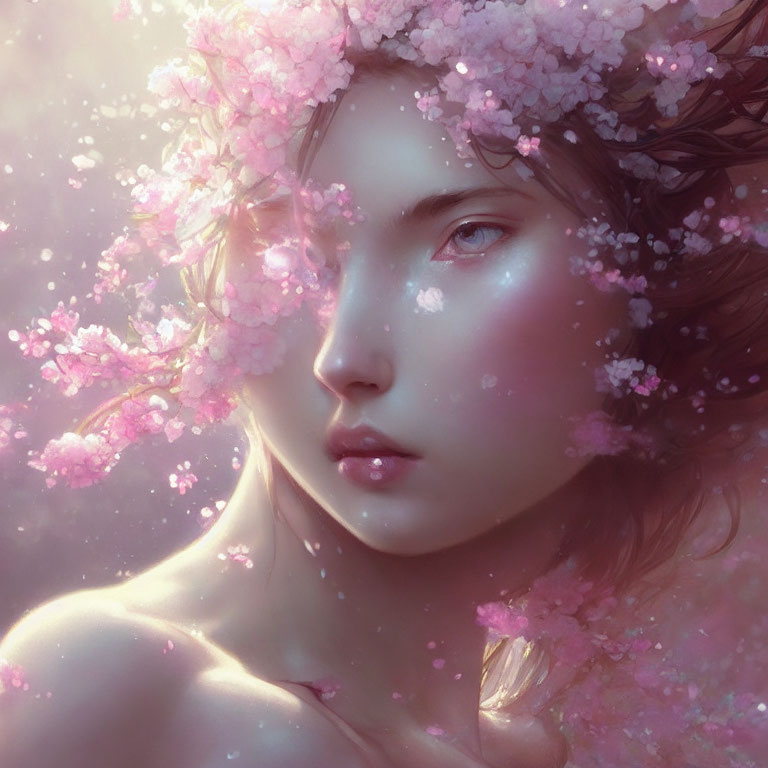 Person with Pink Blossoms in Hair and Shoulders for Serene Portrait