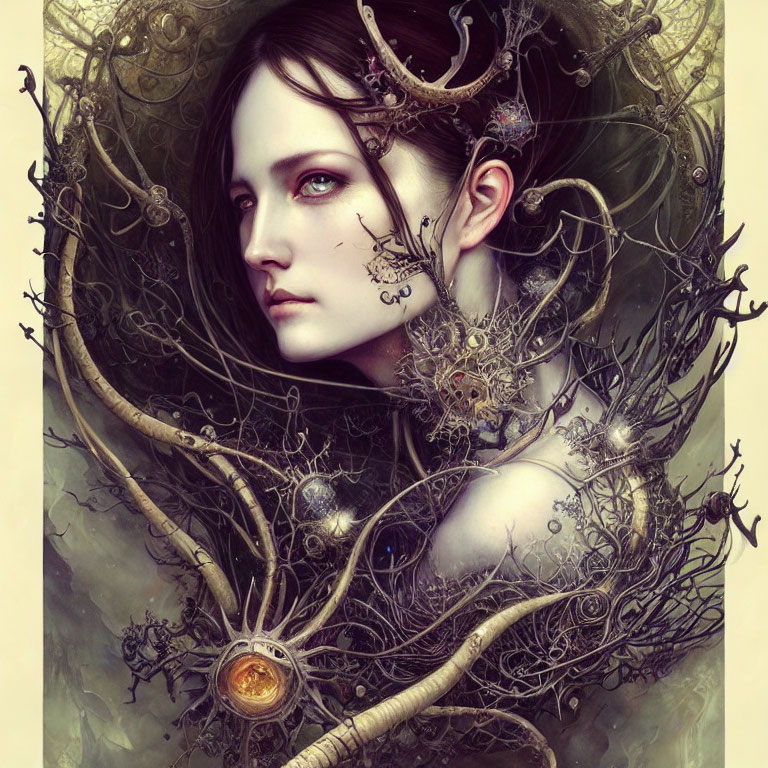 Fantasy portrait of woman with pale skin, dark hair, surrounded by intricate mechanical and cosmic elements