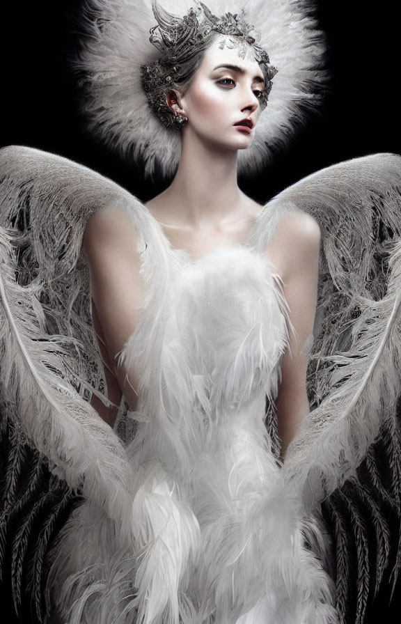 Elegant woman in white feathered headpiece and outfit