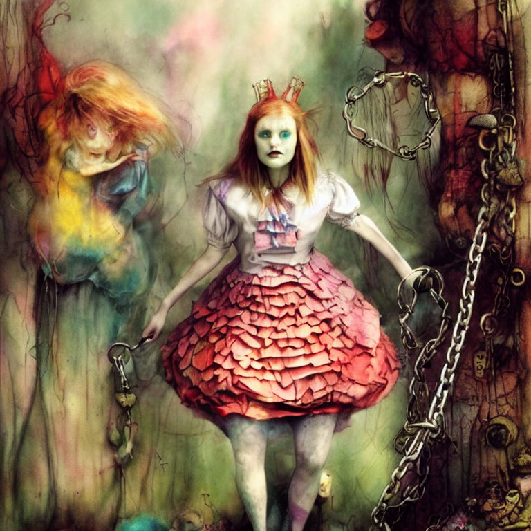 Surreal artwork featuring girl with red crown, unique makeup, shell dress, ghostly figures,