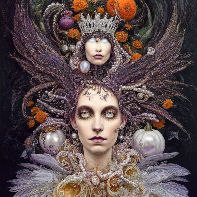 Detailed artwork of woman with ornate headgear and queen-like figure