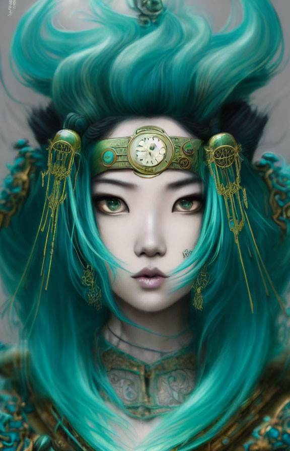 Vibrant teal hair and golden headgear in stylized portrait