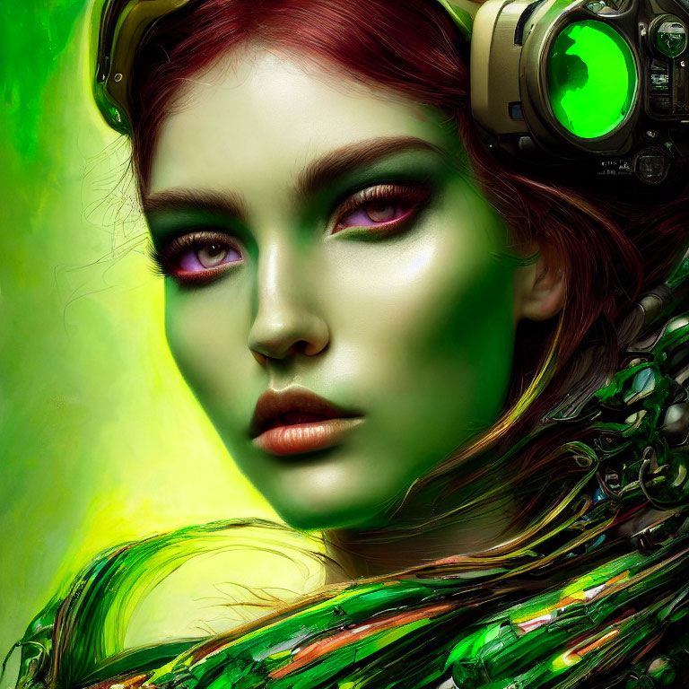 Woman portrait with cybernetic elements and green hues, futuristic headphones.