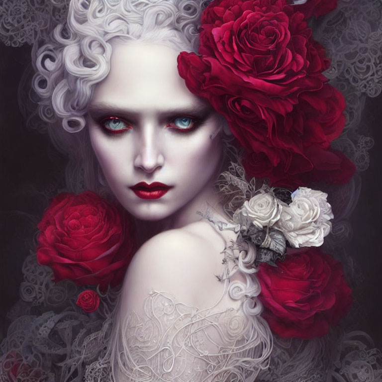 Pale woman with red eyes among red and white roses and intricate white hair