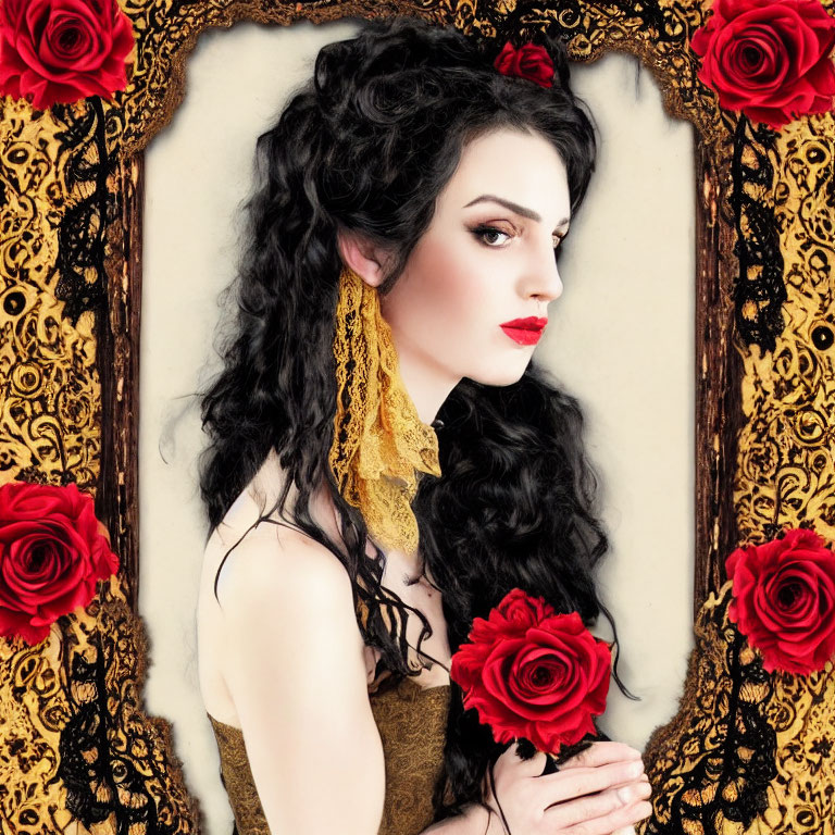 Dark Curly-Haired Woman in Vintage Dress with Red Lipstick and Ornate Golden Patterns