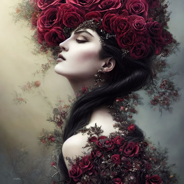 Dark-haired woman with red rose crown in misty floral setting