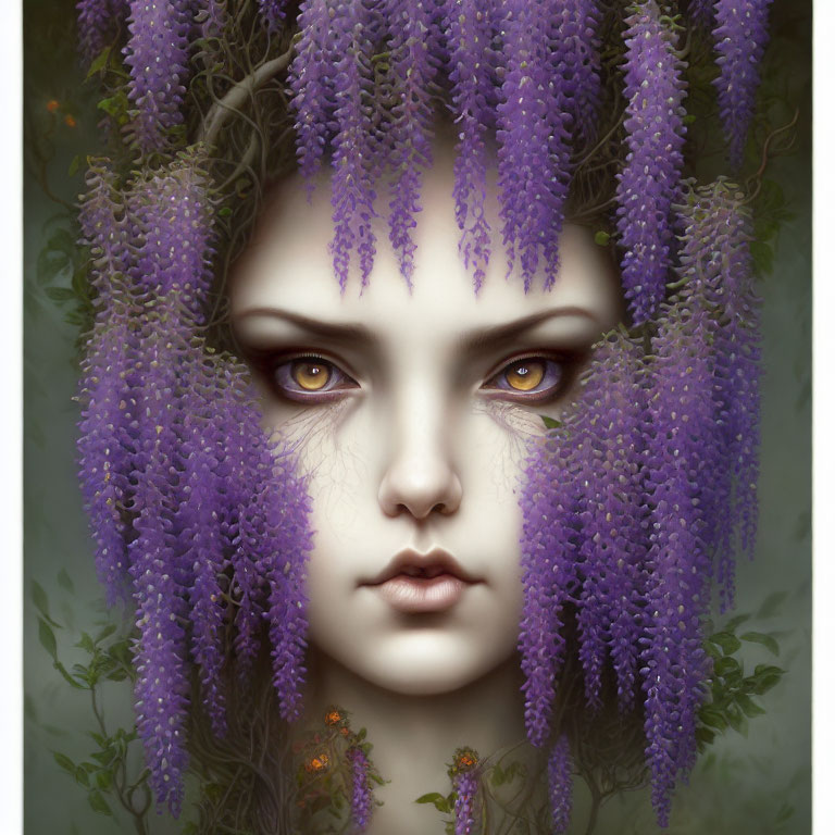 Mystical female face with yellow eyes in wisteria flower setting