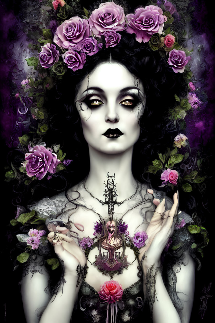 Pale-skinned woman with dark makeup holding a rose crown and nature-inspired chandelier.