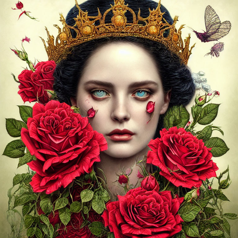 Surreal portrait of woman with crown, red roses, and butterflies