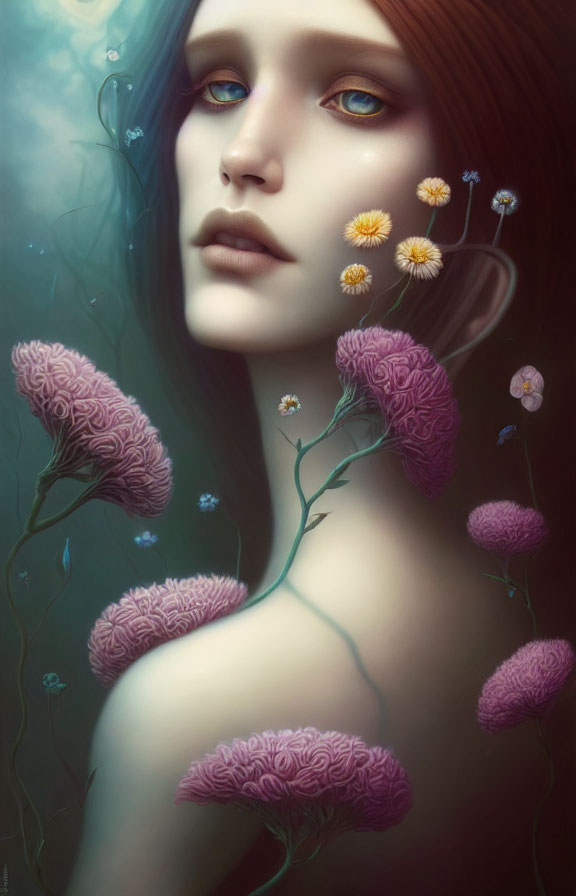 Surreal artwork: Woman with flowers and brain-shaped plants submerged in water