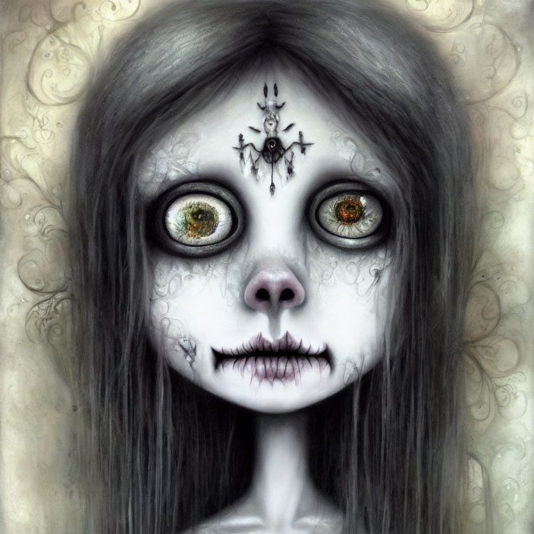 Pale wide-eyed girl with dark, sunken eyes and ornate patterns - haunting surreal illustration