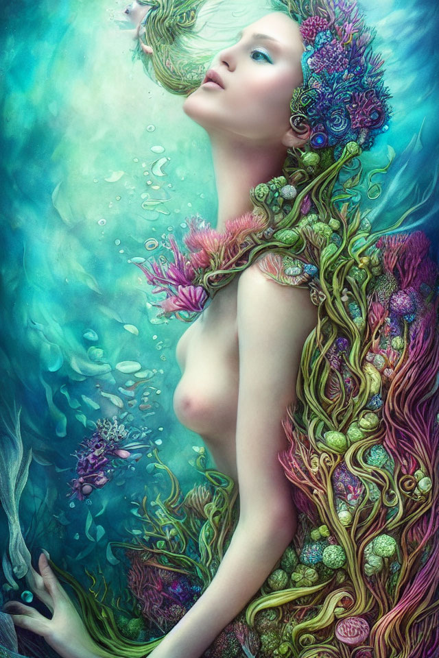 Illustration of a female figure merging with underwater dreamscape in blue and pink hues