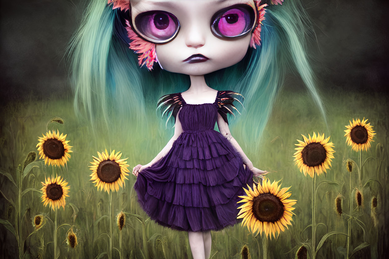 Illustration of doll with purple eyes and turquoise hair in sunflower field