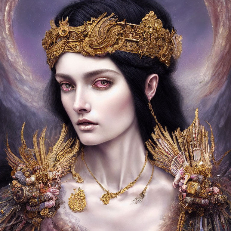 Digital artwork of a pale-skinned woman in golden crown and ornate armor