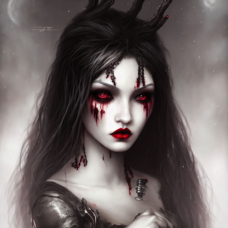 Pale-skinned gothic fantasy figure with antler-like horns and red eyes in misty setting