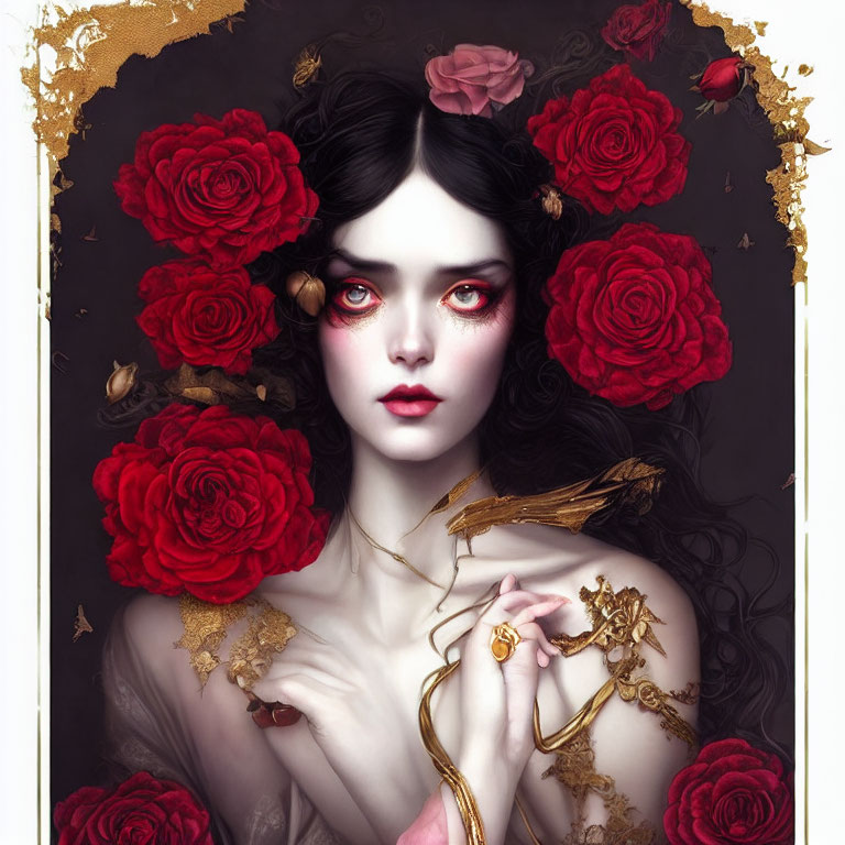 Pale-skinned woman with dark hair, red eyes, roses, gold details, and bird earring