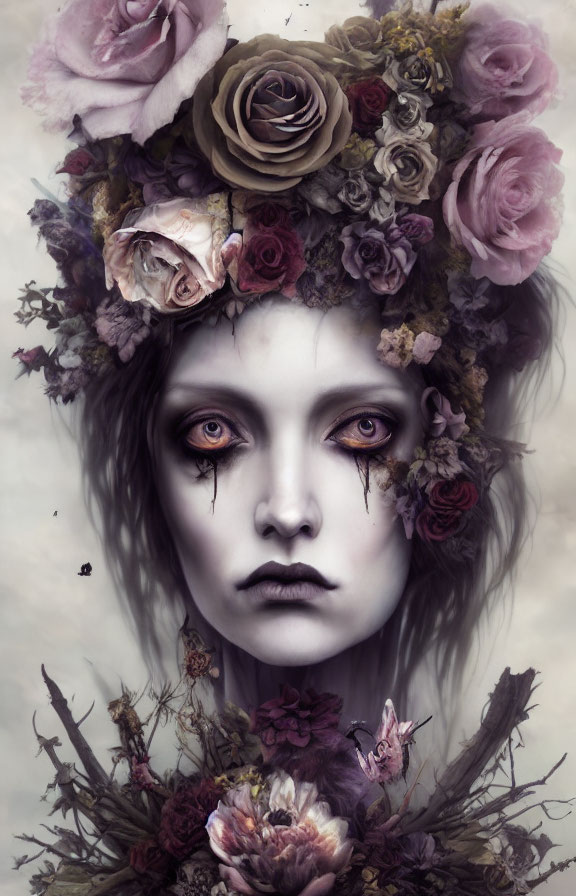 Portrait of a person with pale skin and dark eye makeup wearing a crown of roses and flowers