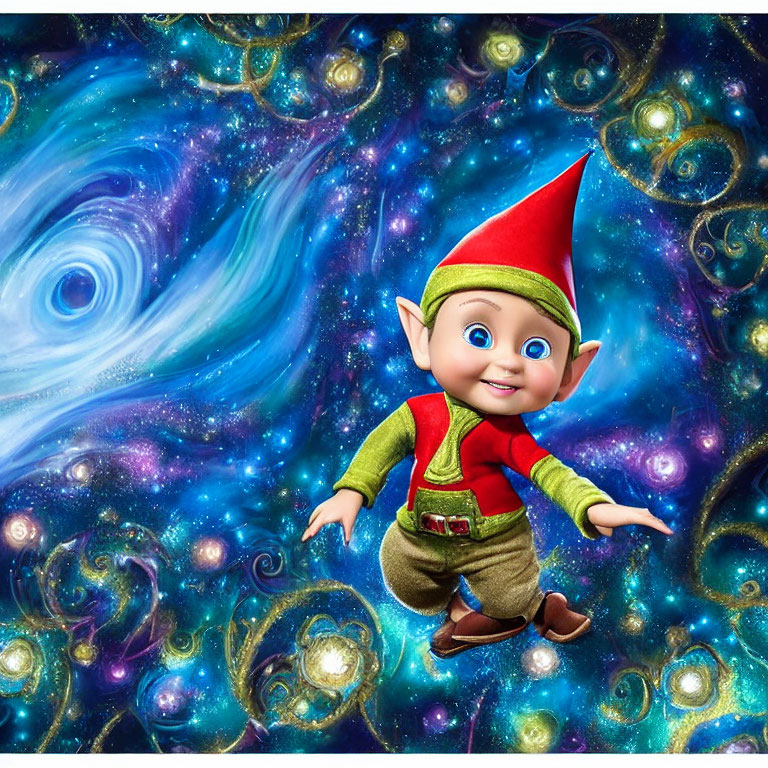 Colorful animated elf in cosmic background with galaxies.