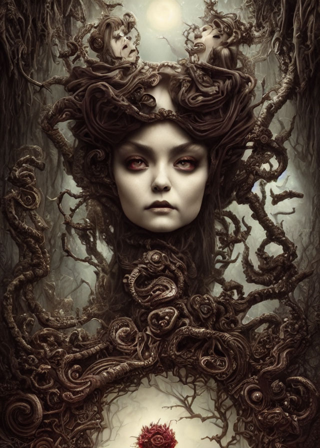 Gothic fantasy illustration: Pale woman with red eyes, intricate branch crown, forest backdrop