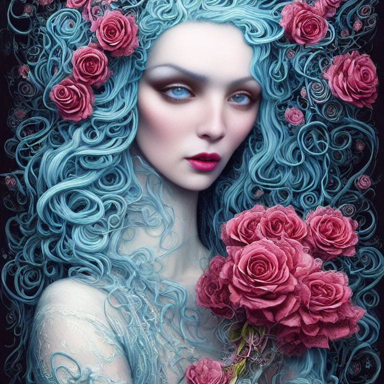 Portrait of Person with Pale Skin, Curly Blue Hair, Roses, Bouquet, Floral Backdrop