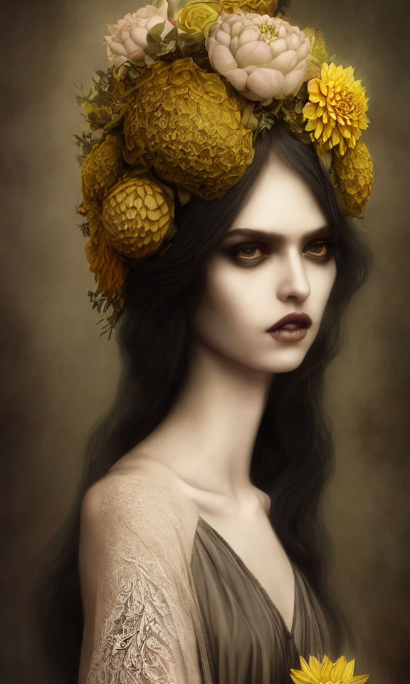 Dark-haired woman in striking makeup with yellow flower crown on sepia backdrop