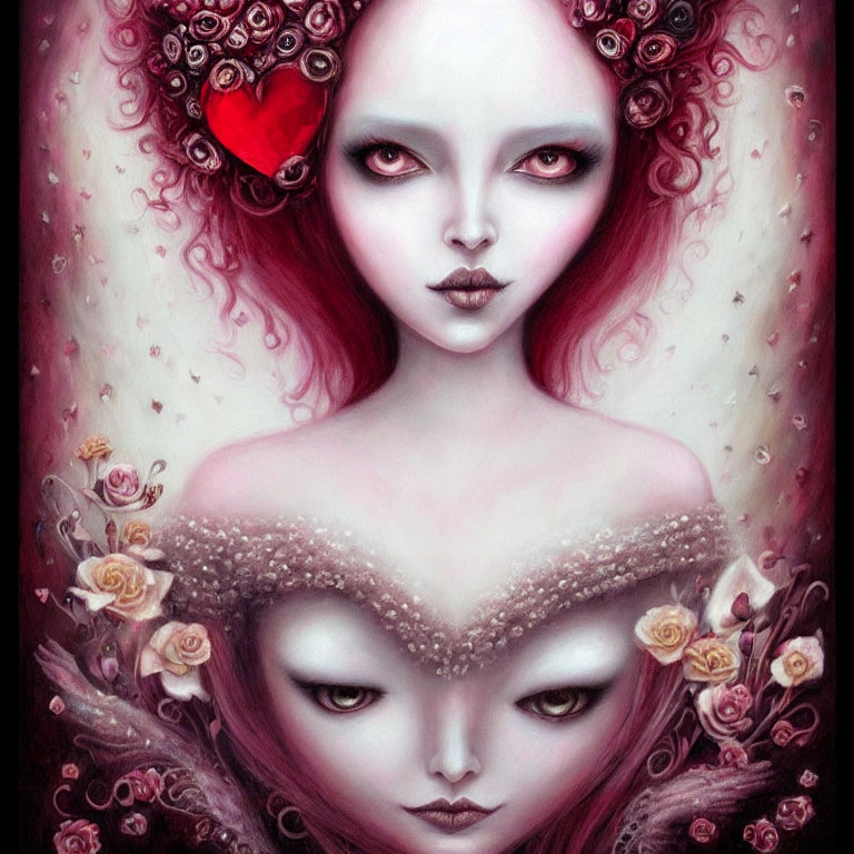 Pale woman with red eyes surrounded by roses and mirror reflection.