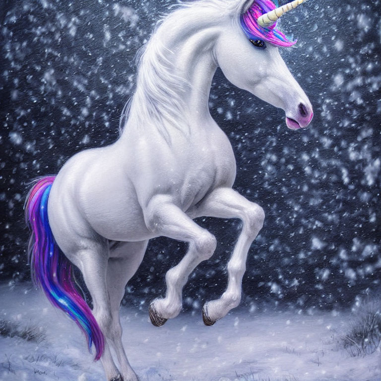 Majestic unicorn with rainbow mane in snowy landscape