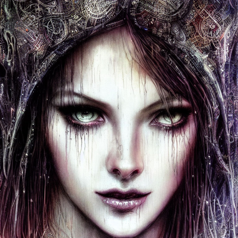 Detailed illustration of female with green eyes, intricate headdress, and purple shading