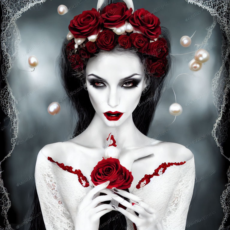 Pale woman with black hair, red roses, dramatic makeup, and pearls on lace background