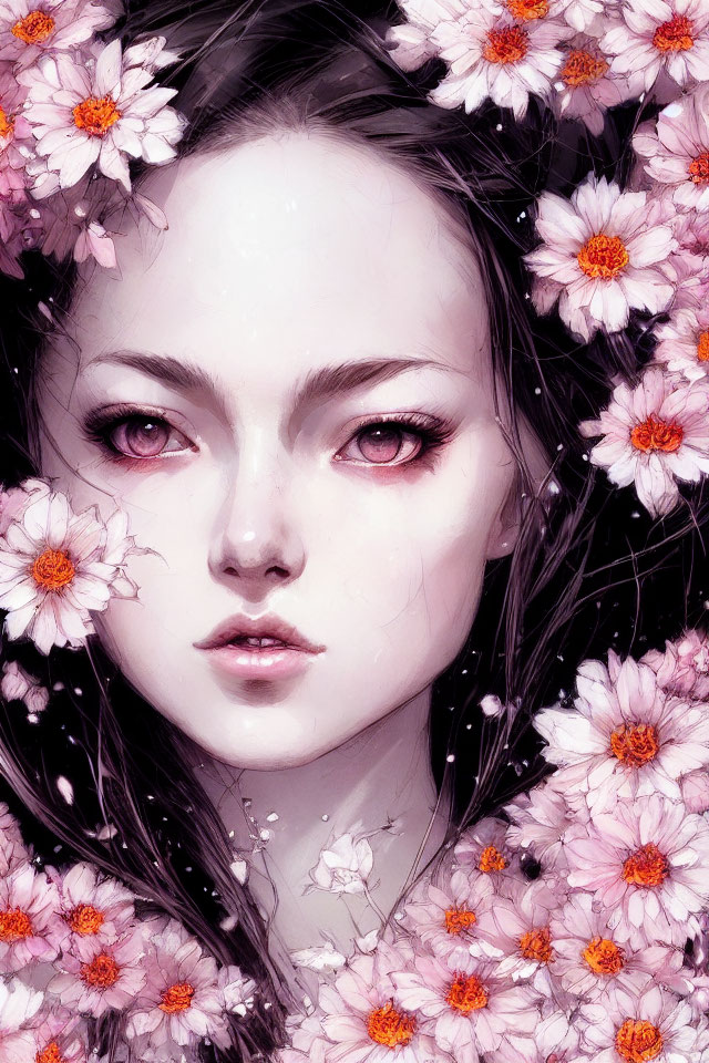 Digital Artwork: Woman's Face with Red Eyes and Pink Flowers