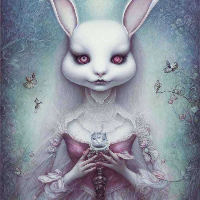 Surrealist artwork: Human-like body, rabbit head, pink dress, holding creature, moths