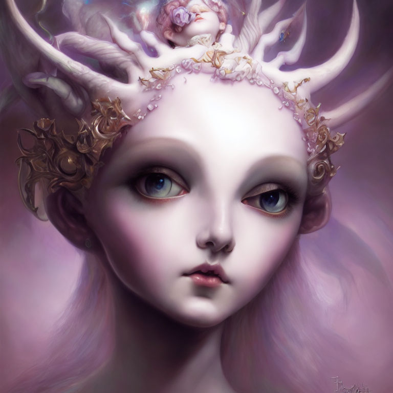 Fantasy creature digital artwork with large, soulful eyes and purple hues