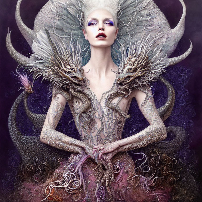 Fantasy-themed portrait of pale-skinned woman with white hair and elaborate horned headdress on purple