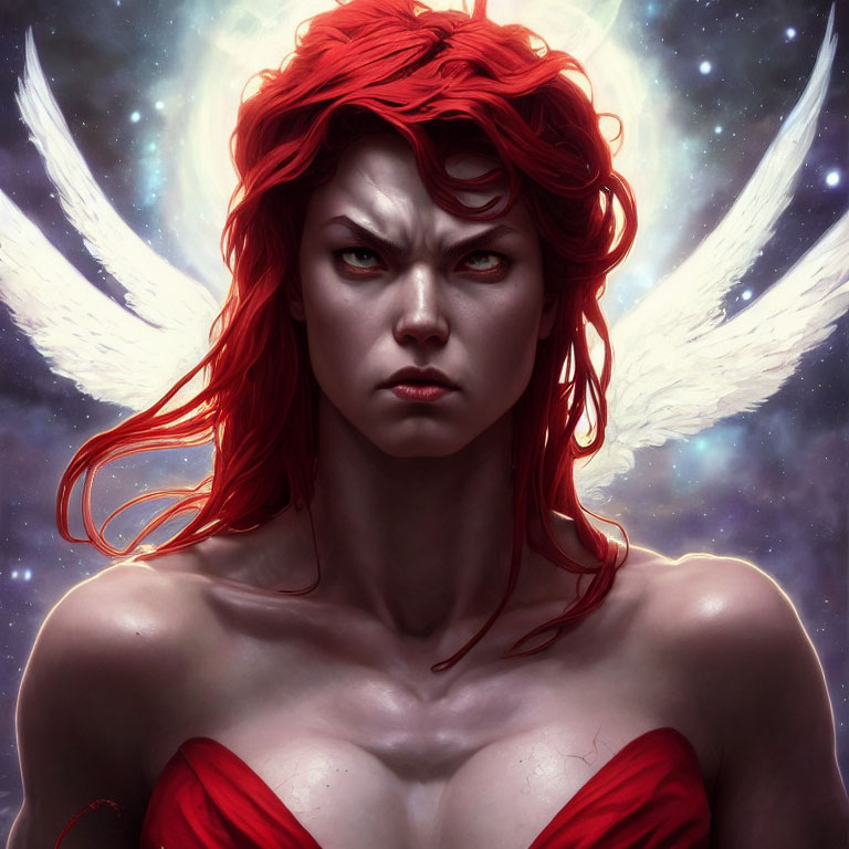 Digital artwork of fierce woman with glowing eyes, red hair, wings, and celestial backdrop