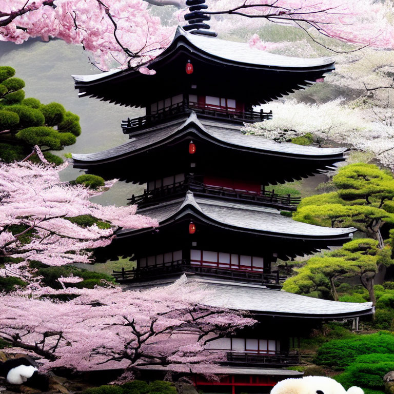 Traditional Japanese Pagoda with Cherry Blossoms and Greenery