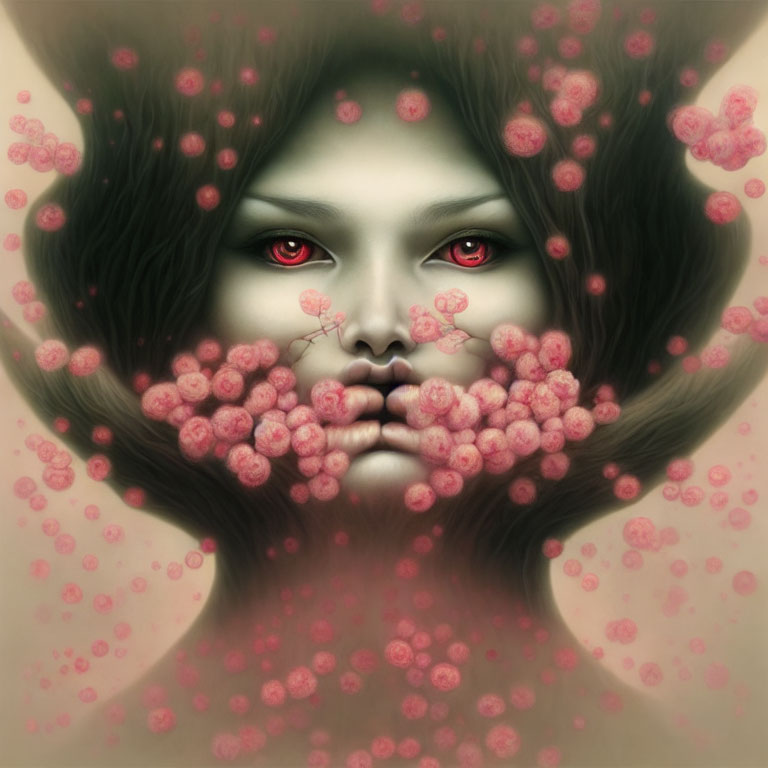 Surreal illustration: Woman's face with dark hair, red eyes, pink orbs.