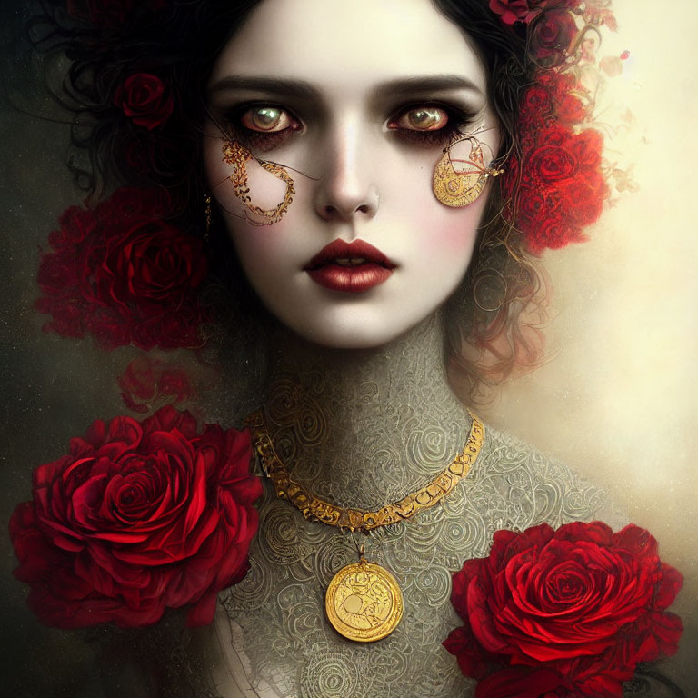 Digital portrait of woman with pale skin, dark hair, red roses, golden eyes, and gold jewelry